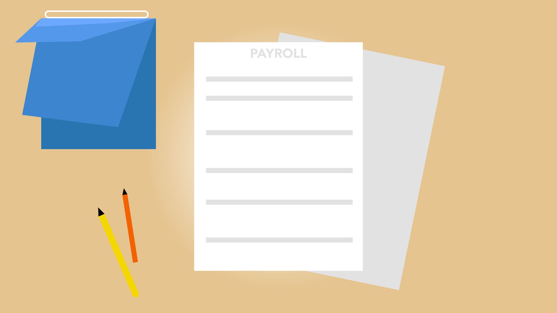 Illustration de documents de paie sur un bureau, avec crayons et calendrier